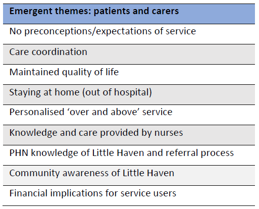 Emergent themes: Little Haven Palliative Care patients and carers