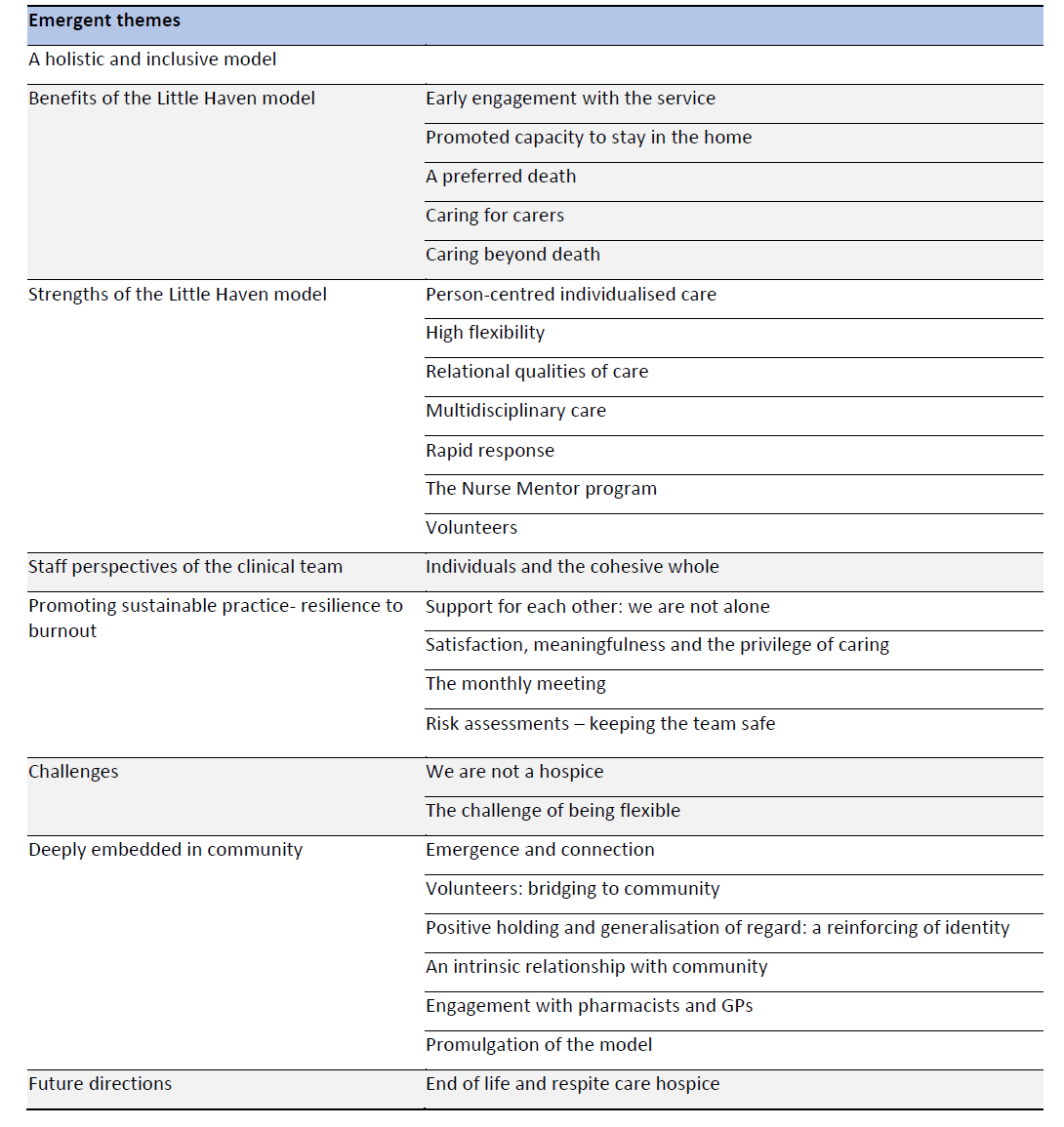 Little Haven Palliative Care Staff, emergent themes.