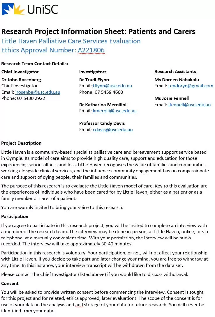 Appendix 2: IniSc Research Project information sheet