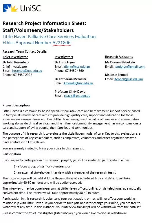 UniSc Research Project information sheet: Staff/Volunteers/Stakeholders
