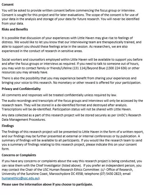 UniSc Research Project information sheet: Staff/Volunteers/Stakeholders - Part 2