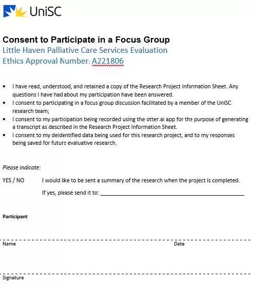 UniSc Consent to Participate in a focus group
